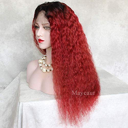 Peluca delantera de encaje natural con pelo de bebe Largo y rizado Encaje completo 1B Ombre Pelucas de cabello humano de color rojo para mujeres negras Densidad 150% (18 pulgadas, peluca lle