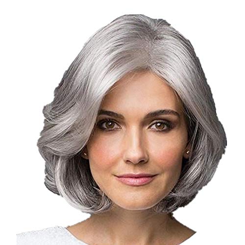 Peluca, señoras Maduras de mediana edad y mayores Cabello Gris plateado Cabello corto y rizado Peluca mullida y realista Bobo Cabello corto Peluca natural