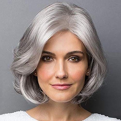 Peluca, señoras Maduras de mediana edad y mayores Cabello Gris plateado Cabello corto y rizado Peluca mullida y realista Bobo Cabello corto Peluca natural