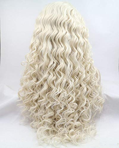 Pelucas rubias pastel/rubio ceniza sin pegamento parte lateral sintético Encaje frente Pelucas para mujeres señoras Cosplay maquillaje Drag Queen pelo largo y rizado animoso (rubio blanco)