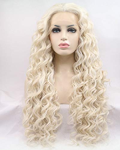 Pelucas rubias pastel/rubio ceniza sin pegamento parte lateral sintético Encaje frente Pelucas para mujeres señoras Cosplay maquillaje Drag Queen pelo largo y rizado animoso (rubio blanco)