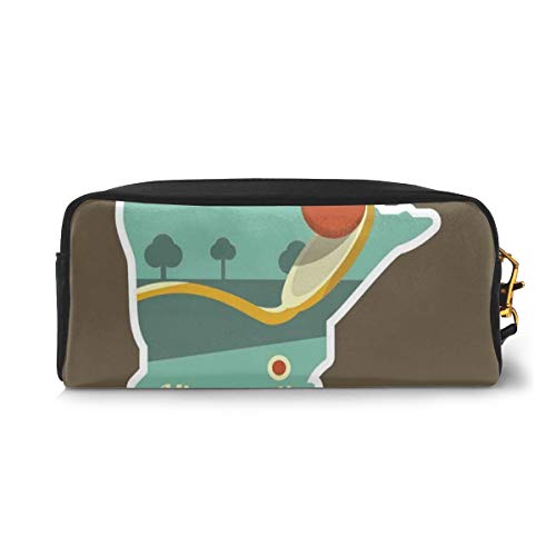 Pencil Case Pen Bag Pouch Stationary,Flat Design Spoonbridge And Cherry Iconic Minneapolis Landmark In State Map Frame,Small Makeup Bag Coin Purse