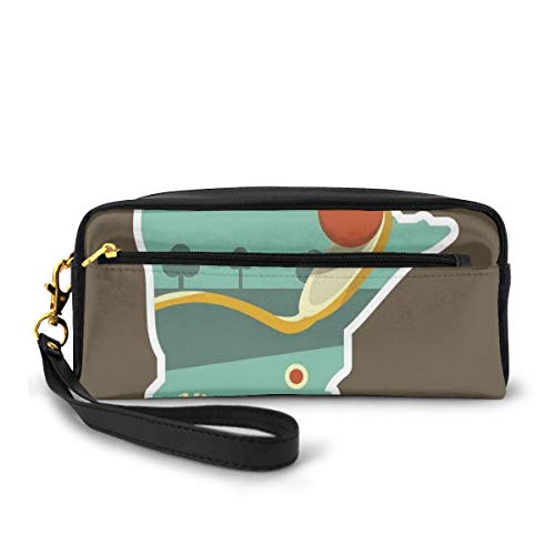 Pencil Case Pen Bag Pouch Stationary,Flat Design Spoonbridge And Cherry Iconic Minneapolis Landmark In State Map Frame,Small Makeup Bag Coin Purse