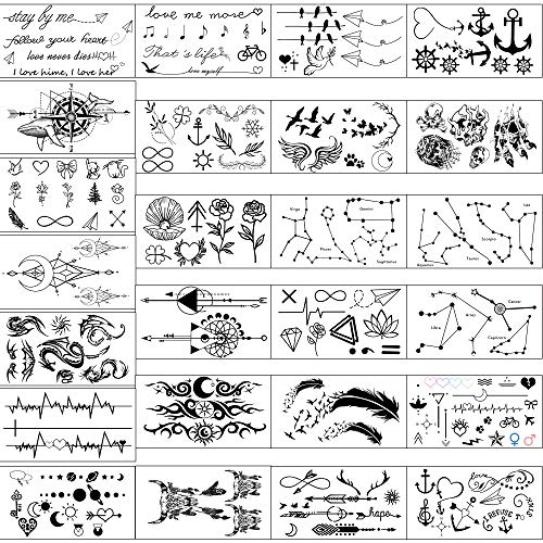 Pequeños tatuajes impermeables temporales: 60 hojas, constelaciones de estrellas de la luna, brújula musical, ancla, palabras, líneas, flores para niños, adultos, hombres y mujeres.