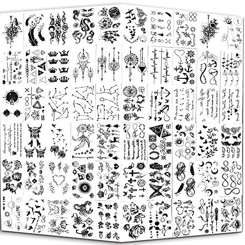 Pequeños tatuajes impermeables temporales: 60 hojas, constelaciones de estrellas de la luna, brújula musical, ancla, palabras, líneas, flores para niños, adultos, hombres y mujeres.