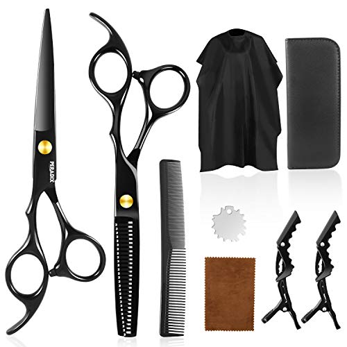 Peradix Tijeras de peluquería, con capa de barbero y peine de maquinilla de afeitar, 8Pcs Tijeras de Corte de Cabello Profesional Set Tijeras de Peluquería Tijeras Peine Clips Kitclips negro