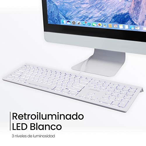 Perixx PERIBOARD-323 Teclado silencioso retroiluminado con Cable Compatible con Mac OSX, 11 Teclas Multimedia, LED Blanco, QWERTY Español