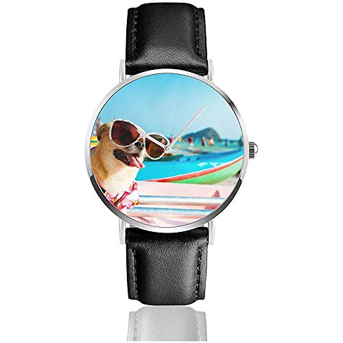 Perro Chihuahua Lindo con Gafas de Sol Relojes Minimalista Casual Moda Correa de Cuero Negro
