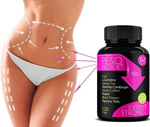 Peso Block 120 Cáps | Acción quemagrasas adelgazante potente | Mejor pastilla para perder peso y adelgazar rápido | Garcinia cambogia, L-Carnitina, CLA, Té verde + Opuntia Ficus, Café verde, Piperina