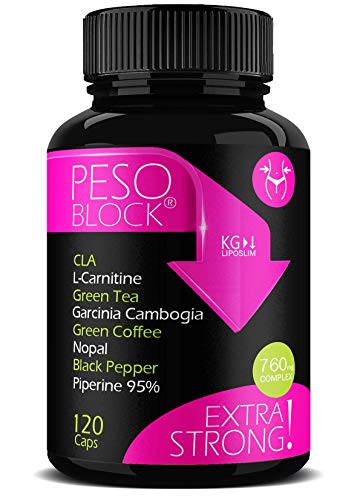 Peso Block 120 Cáps | Acción quemagrasas adelgazante potente | Mejor pastilla para perder peso y adelgazar rápido | Garcinia cambogia, L-Carnitina, CLA, Té verde + Opuntia Ficus, Café verde, Piperina