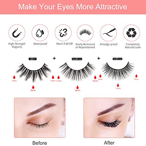 Pestañas Magneticas Delineador, 3 Pares Vibury 3D Pestañas Postizas Naturales Magnéticas Reutilizables, Delineador de ojos magnético con pestañas magnéticas, No se Necesita Pegamento