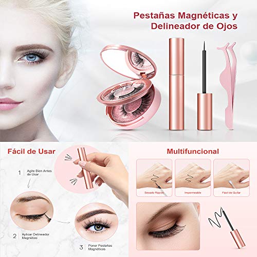 Pestañas Magneticas Delineador,Pestañas Postizas Magneticas,Eroaddict Pestañas Postizas Naturales 3D Con 5 Imanes y Eyeliner Waterproof +Pinzas Kit,No se Necesita Pegamento，Reutilizables（2 pares）