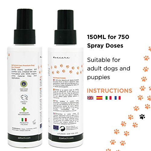 PETUCHI Limpiador de Ojos para Perros Bio; Desinfecta y Calma Ojos Irritados; Spray Colirio 100% Natural; 150ml