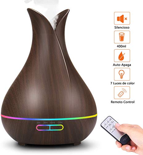 PEYOU 400ml Humidificador Aceites Esenciales, Humidificador Aromaterapia Ultrasónico con Control Remoto, 7-Color LED Difusor de Aromas, 3-Ajuste de Tiempo Fijo, para Hogar, Oficina, Yoga