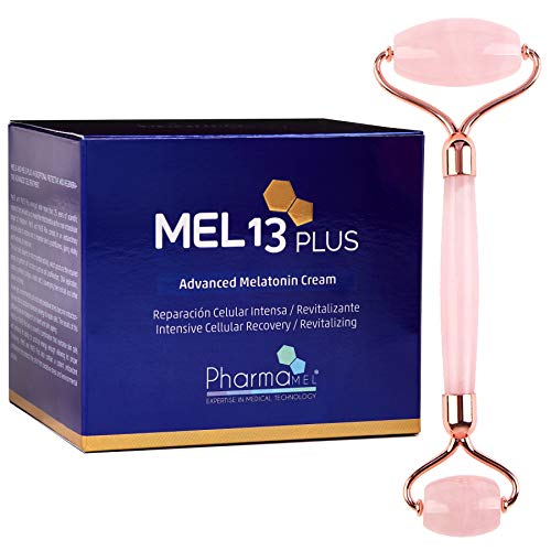 Pharmamel MEL 13 Plus Crema Facial con Melatonina y CoQ10, Mel13 Reparación Celular Intensa, 50ml y Rodillo de Masajeador Facial Antiedad Antienvejecimiento