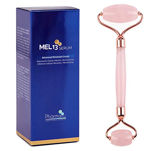 Pharmamel MEL 13 Serum con Melatonina y Q10, Reparación Celular Intensa, Revitalizante - 30 ml y Rodillo de Masajeador Facial Antiedad Antienvejecimiento