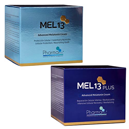 Pharmamel MEL13 y MEL 13 Plus Crema Facial con Melatonina y Q10, Protección Celular, Juventud – Nutrición - 50 ml y Rodillo de Masajeador Facial Antiedad Antienvejecimiento