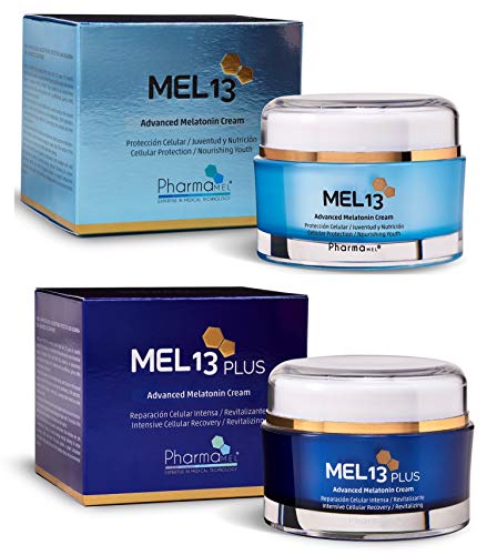 Pharmamel MEL13 y MEL 13 Plus Crema Facial con Melatonina y Q10, Protección Celular, Juventud – Nutrición - 50 ml y Rodillo de Masajeador Facial Antiedad Antienvejecimiento