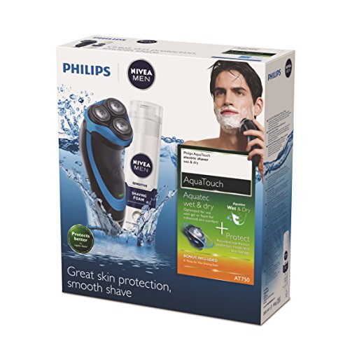 Philips AT750/26 - Afeitadora sin cable, afeitar con AquaTouch para uso en seco y húmedo, con cabezales flexibles, batería, negro, azul, 2012