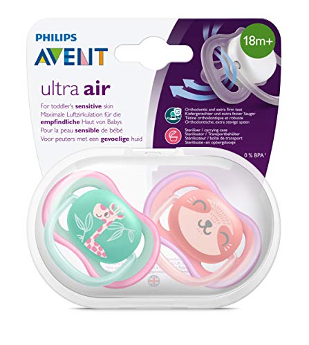 Philips Avent SCF349/12 - Pack de 2 chupetes Ultra Air, tetina extrafirme para 18m+, apta para la piel sensible, con estuche de esterilización, color rosa y verde