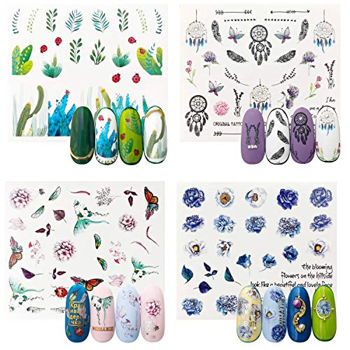 PHOGARY 60 Hojas Pegatinas al Agua para Uñas Florales Calcomanía Pegatinas uñas Decorativas, 3D Stickers Uñas Mixto para Mujeres Niñas Uñas de Gel Diseño de Arte - Flor Mariposa Flamenco Hojas Gato
