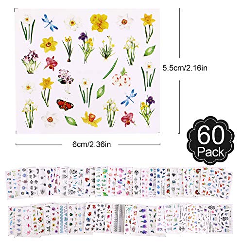 PHOGARY 60 Hojas Pegatinas al Agua para Uñas Florales Calcomanía Pegatinas uñas Decorativas, 3D Stickers Uñas Mixto para Mujeres Niñas Uñas de Gel Diseño de Arte - Flor Mariposa Flamenco Hojas Gato