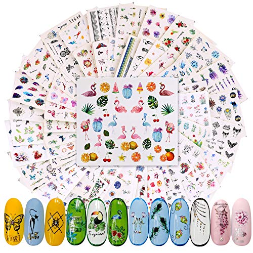 PHOGARY 60 Hojas Pegatinas al Agua para Uñas Florales Calcomanía Pegatinas uñas Decorativas, 3D Stickers Uñas Mixto para Mujeres Niñas Uñas de Gel Diseño de Arte - Flor Mariposa Flamenco Hojas Gato