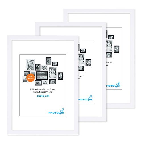 Photolini Juego de 3 Marcos 21x30 cm / A4 Modernos, Blancos de MDF con Vidrio acrílico, Incluyendo Accesorios/Collage de Fotos/galería de imágenes