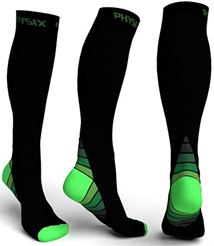 Physix Gear Sport Calcetines de compresión, los Mejores Calcetines compresión Mujer y Hombre para el Dolor de pies y Gemelos, Medias de compresión Hombre y Mujer, 1 par, S/M, Negro/Verde