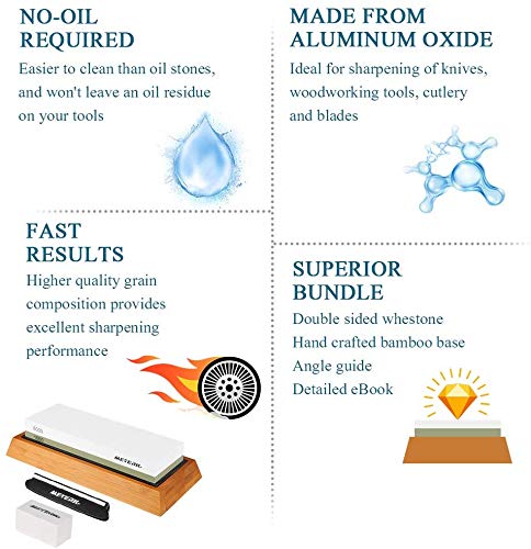 Piedra de Afilar, Meterk 1000/6000 Grano Piedra Afilar Cuchillos con Base de Bambú, Antideslizante Almohadilla de Silicona,Guía de Ángulo