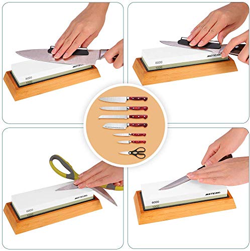 Piedra de Afilar, Meterk 1000/6000 Grano Piedra Afilar Cuchillos con Base de Bambú, Antideslizante Almohadilla de Silicona,Guía de Ángulo