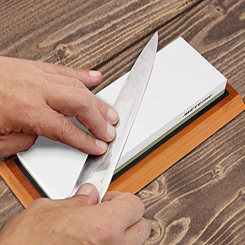 Piedra de Afilar, Meterk 1000/6000 Grano Piedra Afilar Cuchillos con Base de Bambú, Antideslizante Almohadilla de Silicona,Guía de Ángulo