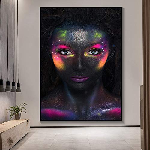 Piel negra africana maquillaje colorido moderno sexy arte lienzo pintura cartel y grabado chica negra sala arte de la pared sin marco imagen decorativa 60x80cm 60x80cm