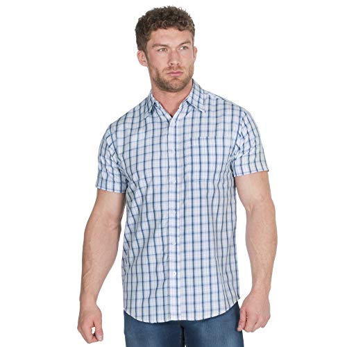 Pierre Roche - Camisa de cuadros para hombre, diseño de popelina informal, manga corta, diseño de verano, hilo de polialgodón teñido