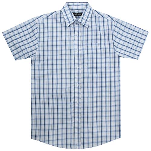 Pierre Roche - Camisa de cuadros para hombre, diseño de popelina informal, manga corta, diseño de verano, hilo de polialgodón teñido