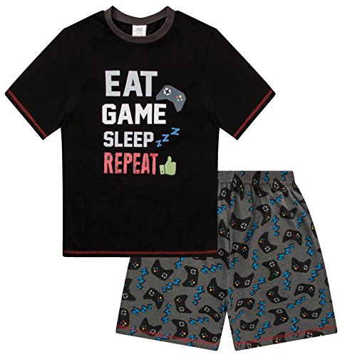 Pijama corto para niños de 9-15 años con estampado Eat Game Sleep Repeat Negro Negro ( 15-16 años