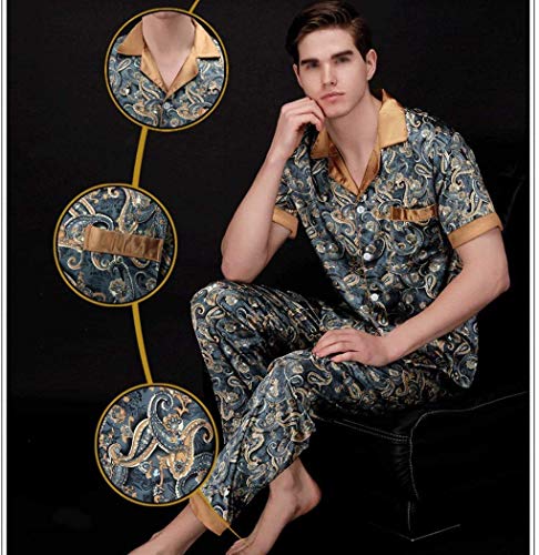 Pijama para hombre con textura de dragón de seda de hielo de primavera y verano de manga corta para hombre de satén fino para uso doméstico suave y cerrado (color: azul oscuro, tamaño: 3XL)