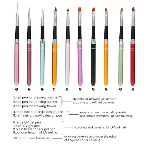 Pinceles para Uñas de Gel, Anself 10 Pcs Set de Cepillo de Esmalte Uñas ( Nylon Pluma de Fototerapia UV )