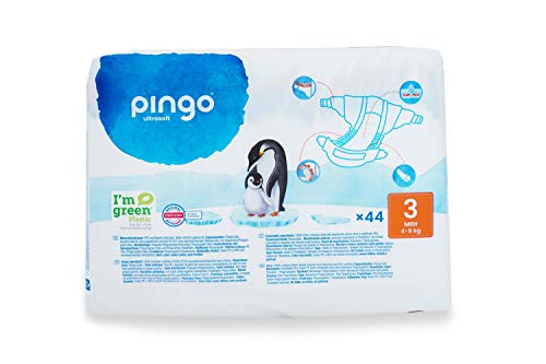 Pingo - Pañales Talla 3 Midi - 2 paquetes de 44 unidades- 4-9 kg -Pañales para bebé - Anti-alergénicos sin perfume - Máxima Absorción - Pañales ecológicos - Pieles sensibles - Color Blanco