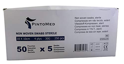 PintoMed Compresas Esteriles, No Tejidas, 10cm x 10cm, 4 capas, caja de 250 unidades, 5 por bolsa, 50 bolsas