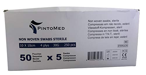 PintoMed Compresas Esteriles, No Tejidas, 10cm x 10cm, 4 capas, caja de 250 unidades, 5 por bolsa, 50 bolsas