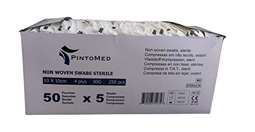 PintoMed Compresas Esteriles, No Tejidas, 10cm x 10cm, 4 capas, caja de 250 unidades, 5 por bolsa, 50 bolsas