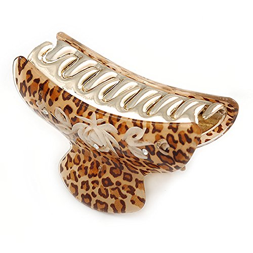 Pinza para el cabello de acrílico con estampado animal en tono dorado (marrón/arena) - 95 mm de largo