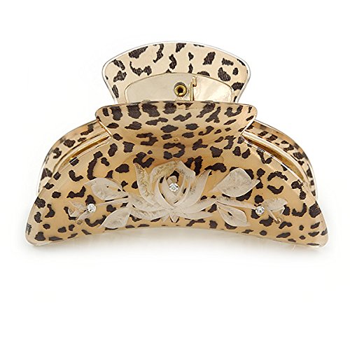 Pinza para el cabello de acrílico con estampado animal en tono dorado (negro/arena) - 95 mm de largo