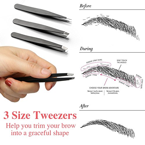 Pinzas cejas, Muscccm Pinzas Cejas Profesional 3 Piezas con Punta Inclinada, Punta Plana y Puntas Acentuadas - con Maquinilla de Afeitar para Cejas y Plantilla para Modelar cejas de 6 Estilos