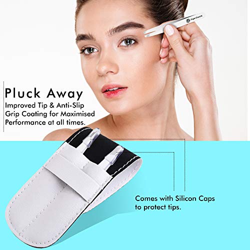 Pinzas de acero inoxidable - Pinzas de cejas profesionales | Pinzas de pelo de precisión | Mejor para el desplume Barbilla, vello facial - Con bolsa de cuero puro - Nube blanca - Paquete de 2 piezas