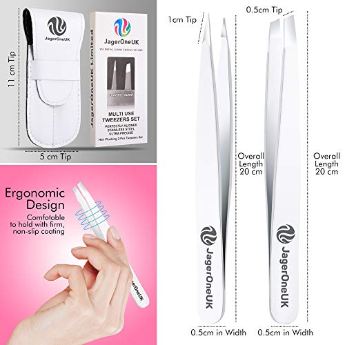 Pinzas de acero inoxidable - Pinzas de cejas profesionales | Pinzas de pelo de precisión | Mejor para el desplume Barbilla, vello facial - Con bolsa de cuero puro - Nube blanca - Paquete de 2 piezas