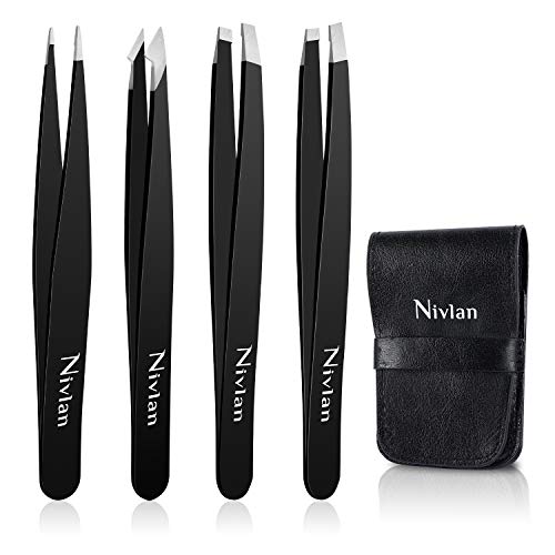 Pinzas de Depilar de Cejas, Nivlan 4 Piezas Pinzas de Precisión Acero Inoxidable Profesional para Depilación de Cejas e Faciales, Herramienta de Belleza Diaria para Mujeres y Hombres (Negro)