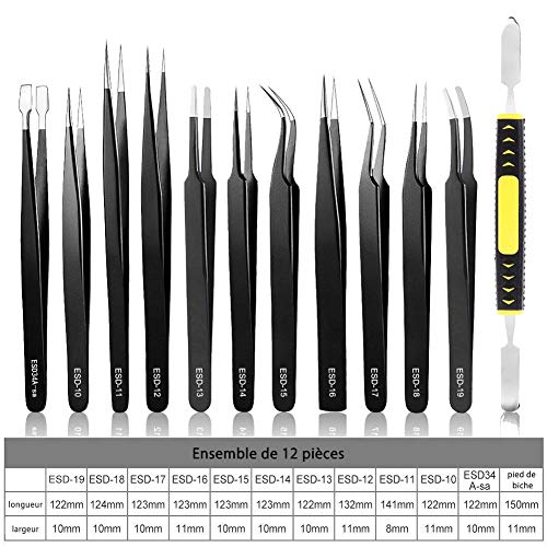Pinzas de Precisión Kit 12pcs Kieenass Anti-Estáticas de Acero Inoxidable Pinzas Electronica para Electrónica Joyería Trabajo de Laboratorio Maintenance Tools Ceja y Pelo