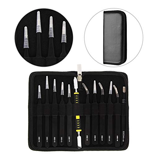 Pinzas de Precisión Kit 12pcs Kieenass Anti-Estáticas de Acero Inoxidable Pinzas Electronica para Electrónica Joyería Trabajo de Laboratorio Maintenance Tools Ceja y Pelo